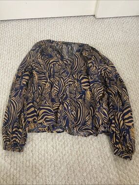 Banana Republic Navy and Tan Zebra Print Linen Button-Front Blouse